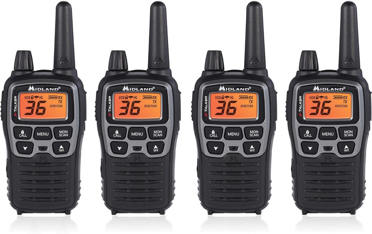 36 Channel FRS Two-Way Radio Walkie Talkie, Black/Silver, Pack of 4 U3625