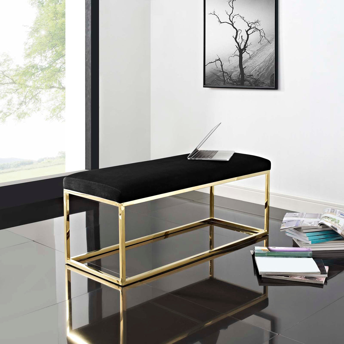 Gold Black Velvet Accent Chair Bench F5274