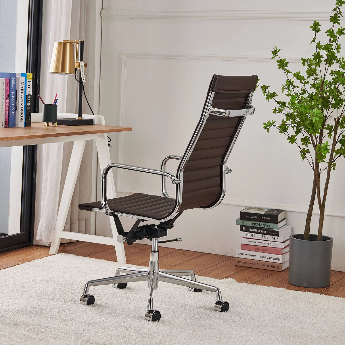 High Back Executive Office Chair with Armrest Adjustable Swivel Vegan Leather Brown Z734