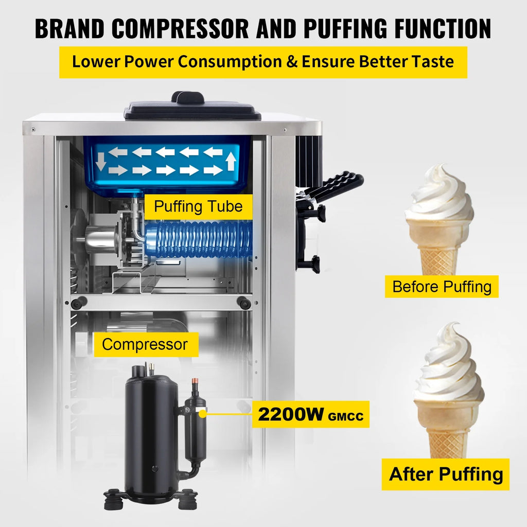 Commercial Ice Cream Machine 20-28L/H Soft Serve 3 Flavors 2200W Silver I718
