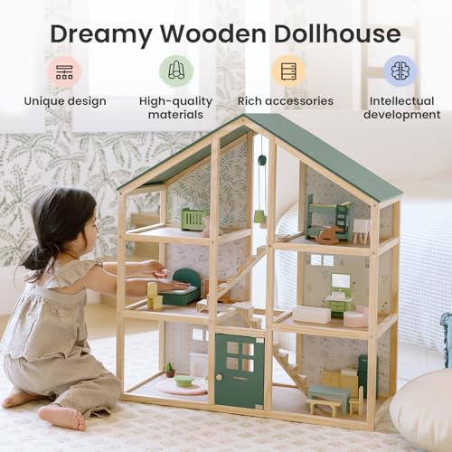 6 Rooms Wooden Dollhouse with 31Pcs Furniture Accessories Q473388