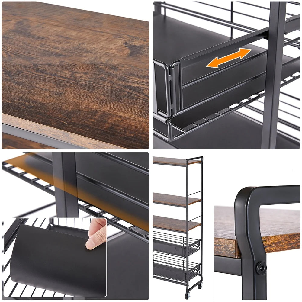 5 Tier Rolling Utility Trolley Cart with Sliding Drawers K693316