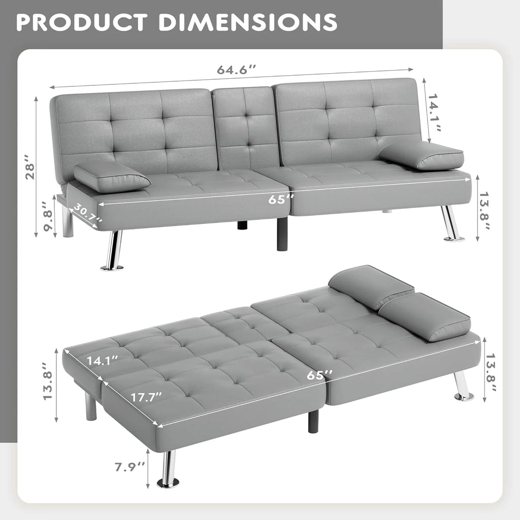 Faux Leather Convertible Folding Futon Sofa Bed with Removable Armrests and 2 Cup Holders Z920