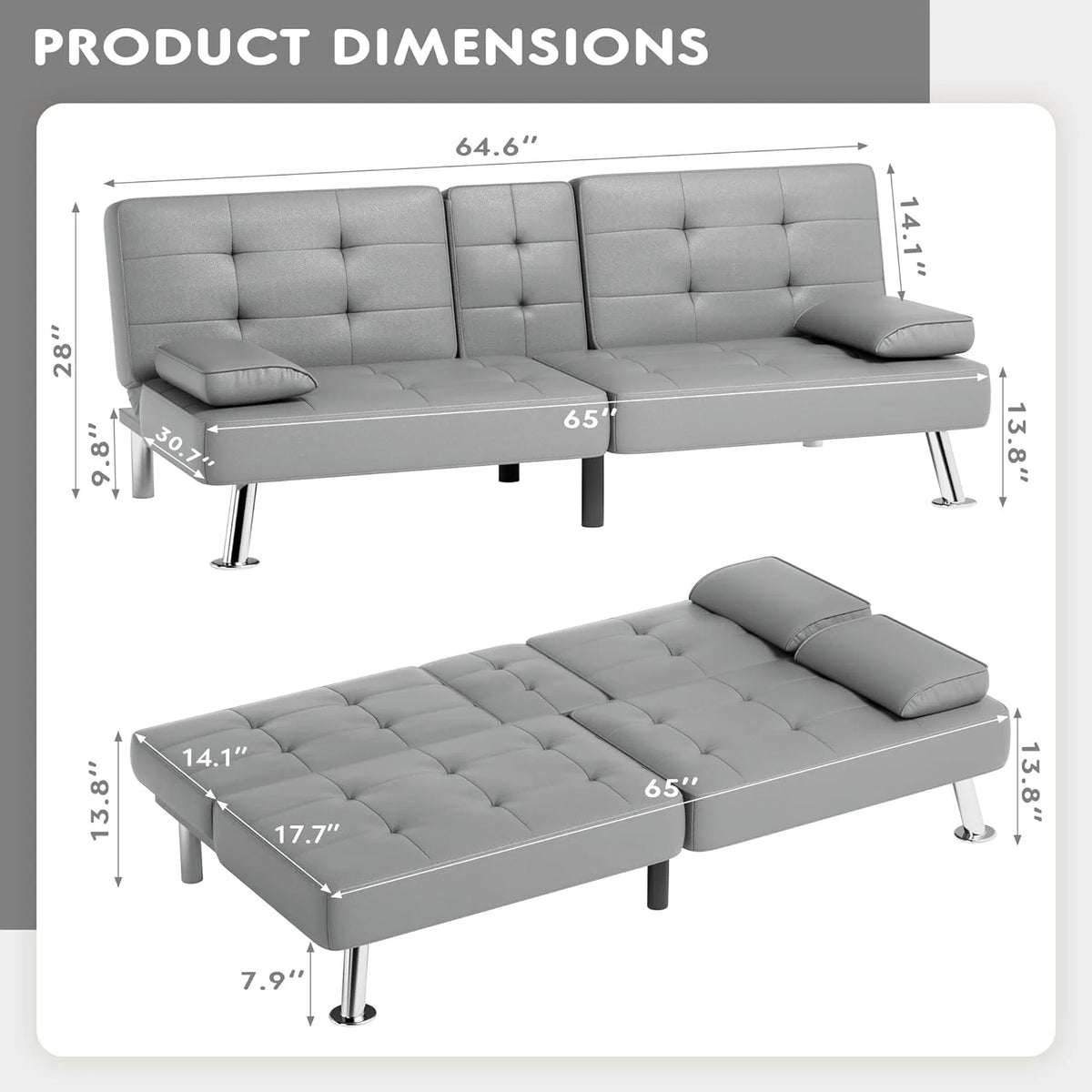 Faux Leather Convertible Folding Futon Sofa Bed with Removable Armrests and 2 Cup Holders Z920