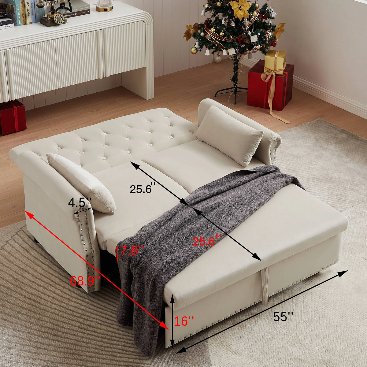 55" Beige Pull Out Sleeper Sofa Bed with Adjustable Backrest S31419