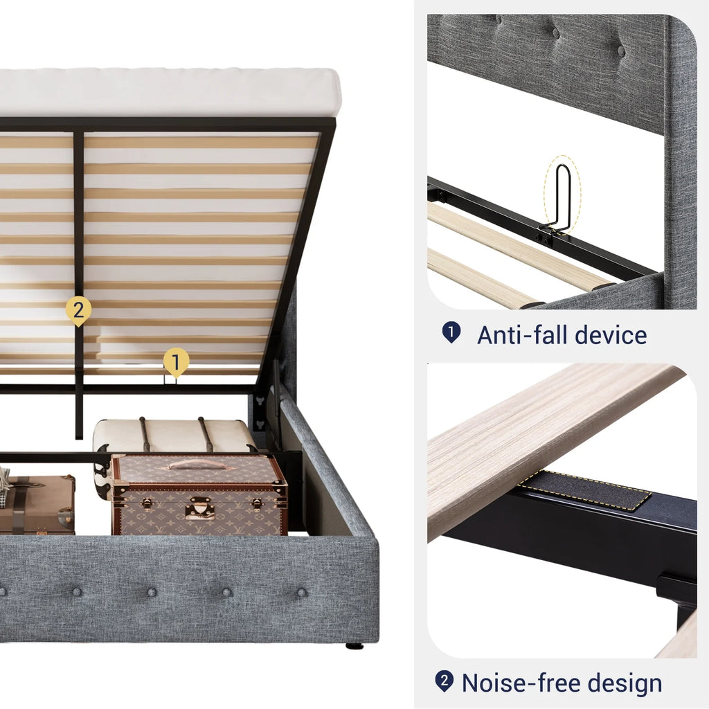 Queen Size Lift Up Platform Storage Bed Frame with Wingback Headboard Light Beige T97886