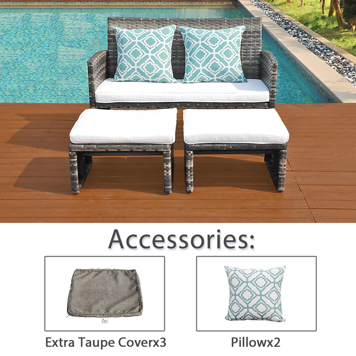 Wicker Rattan Loveseat Chairs with Ottomans J254740