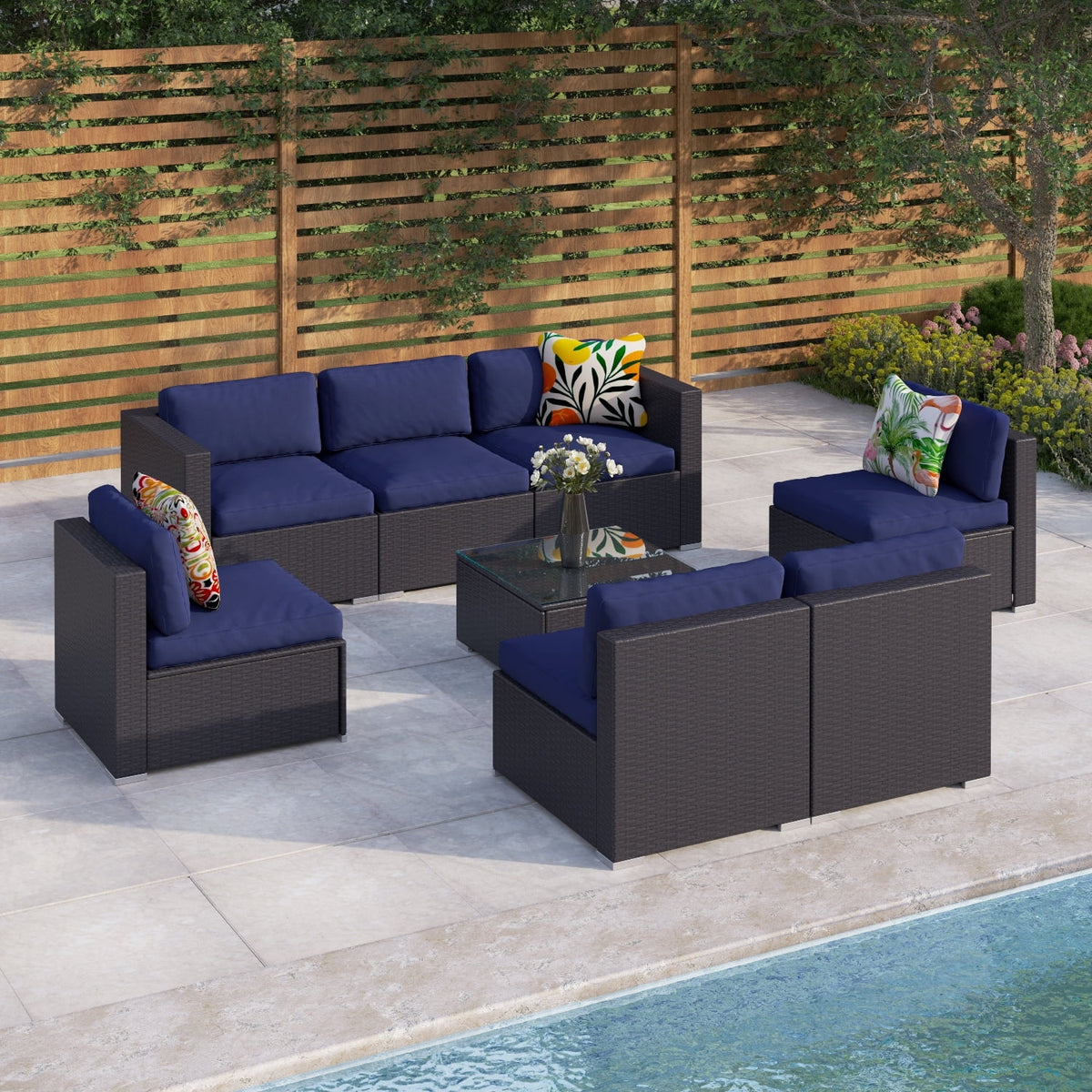 Blue 8 Piece Rattan Wicker Patio Sectional Sofa Set N2013
