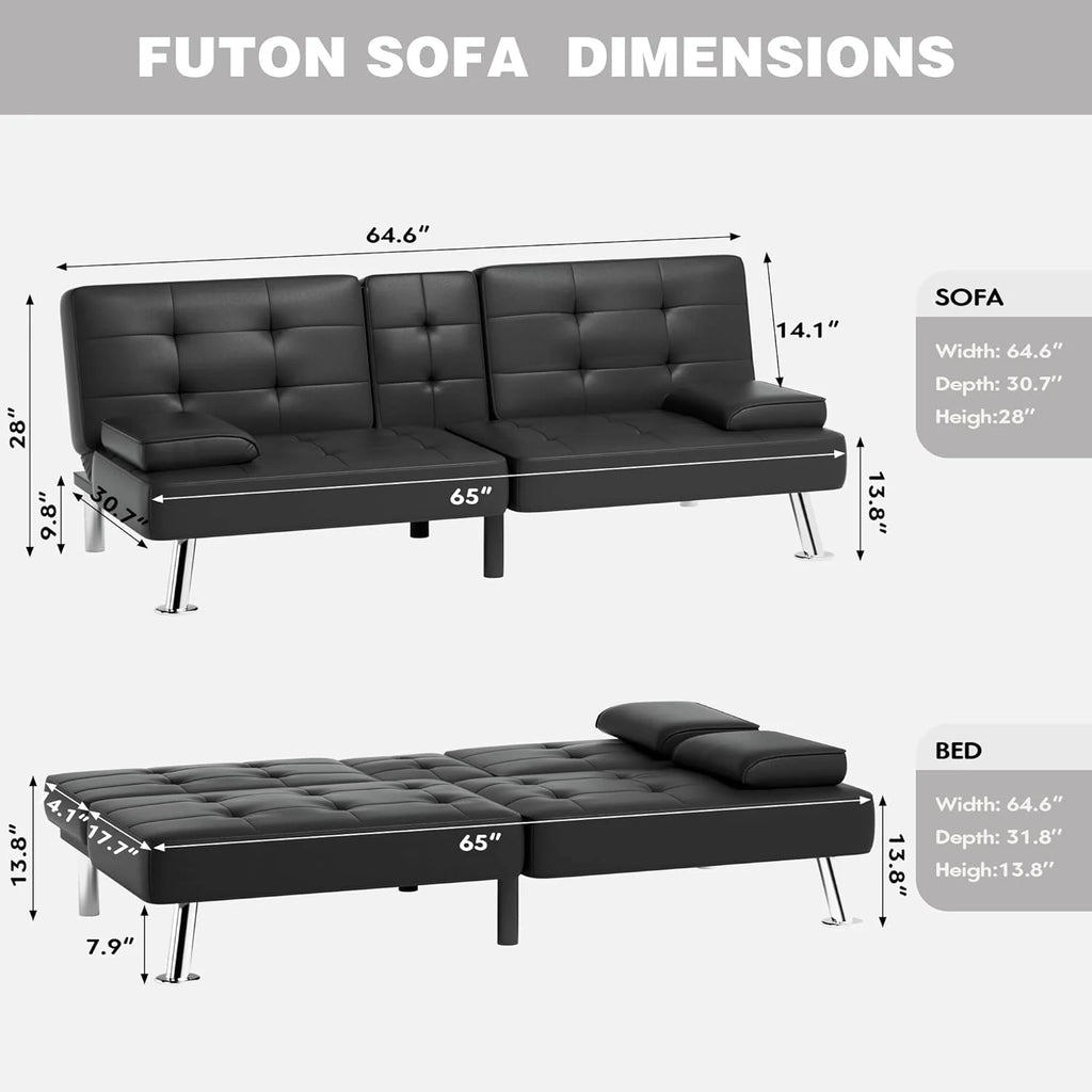 Faux Leather Convertible Folding Futon Sofa Bed with Removable Armrests and 2 Cup Holders Z920
