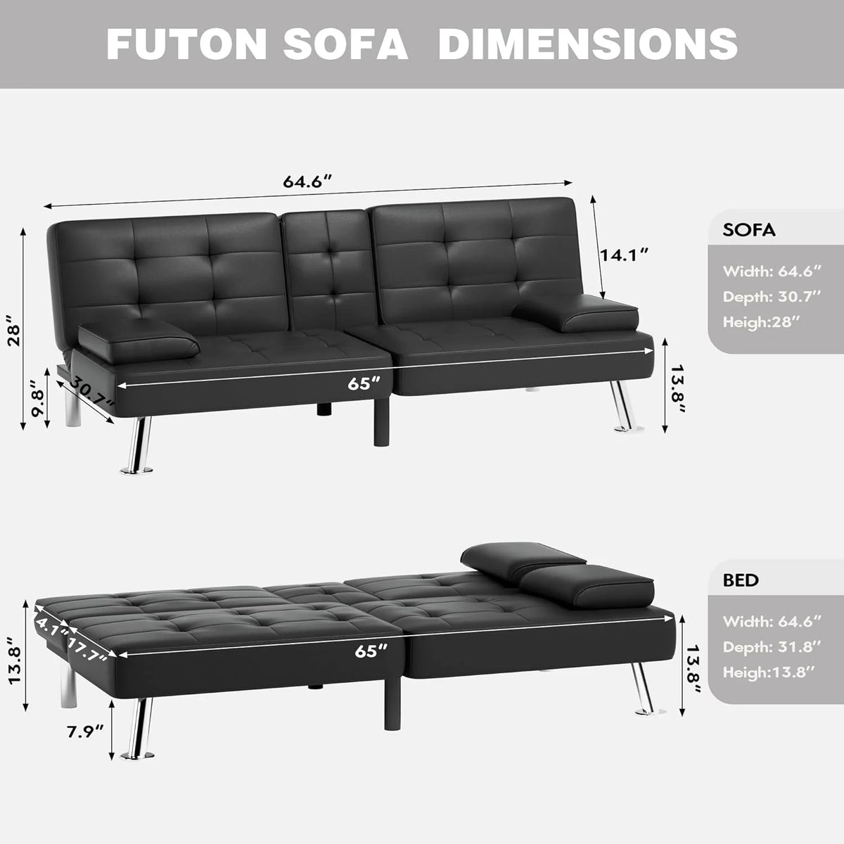 Faux Leather Convertible Folding Futon Sofa Bed with Removable Armrests and 2 Cup Holders Z920