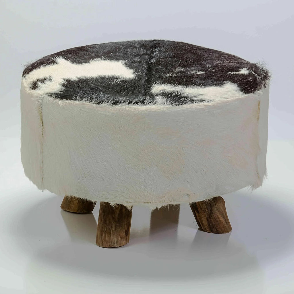 Round Leather Ottoman in Black and White T5512