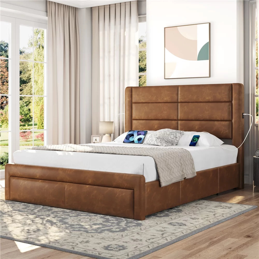 Beige Upholstered Platform Full Bed with 3 Storage Drawers and USB Ports B919