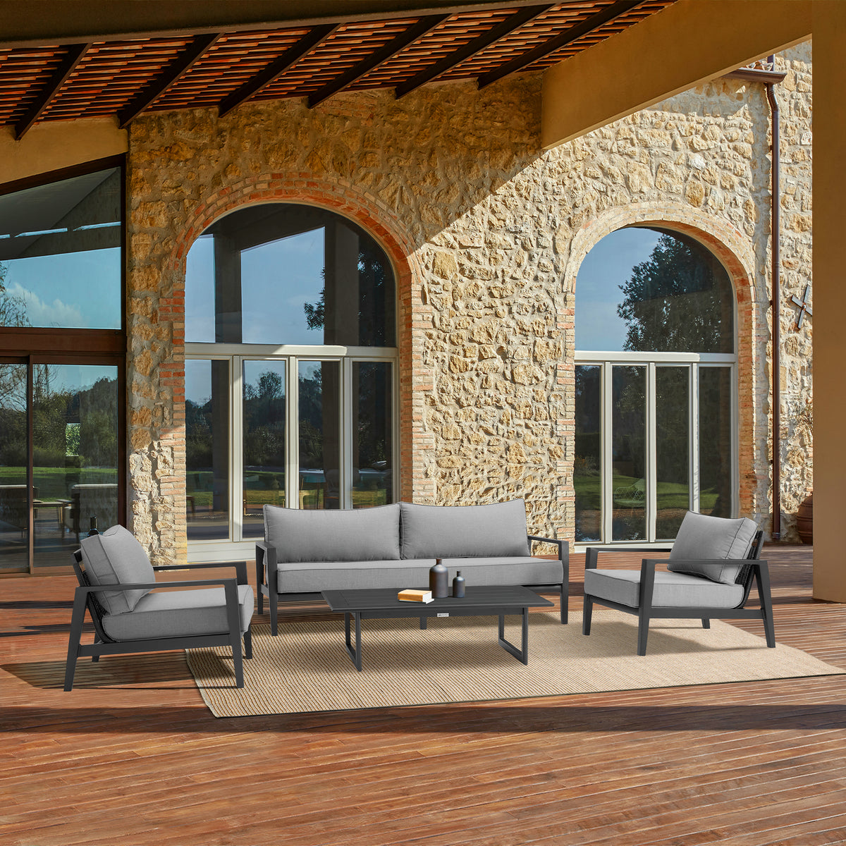 4 Piece Black Aluminum Outdoor Seating Set with Dark Gray Cushions U6093