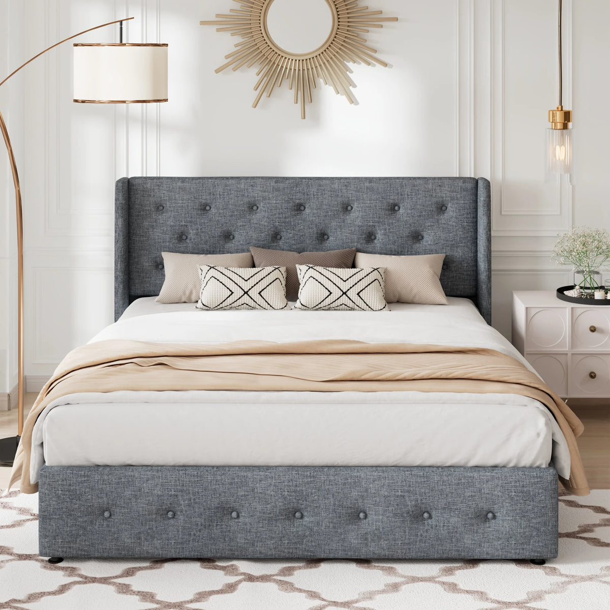 Queen Size Lift Up Platform Storage Bed Frame with Wingback Headboard Light Beige T97886