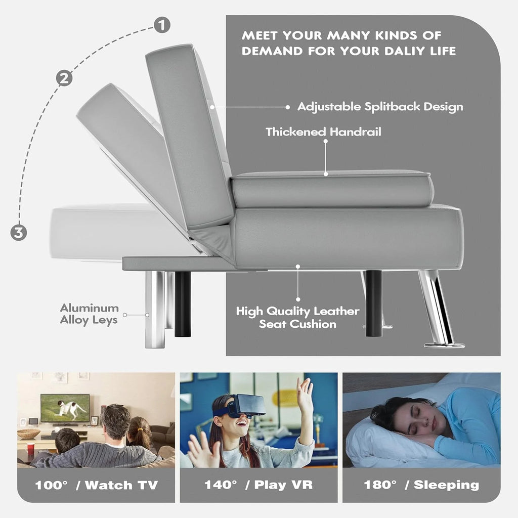 Faux Leather Convertible Folding Futon Sofa Bed with Removable Armrests and 2 Cup Holders Z920