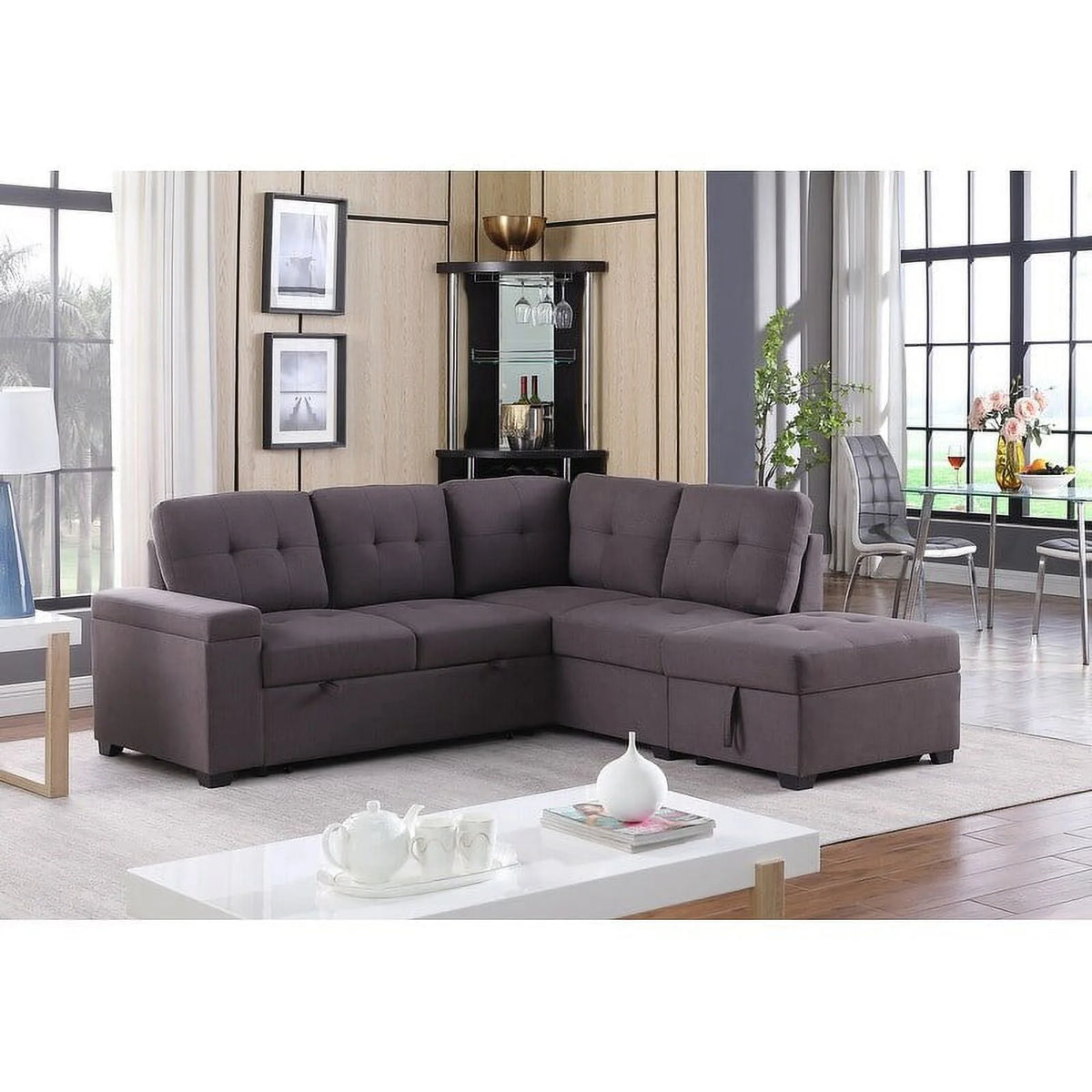 Linen Sleeper Sectional Sofa with Storage Ottoman E33757