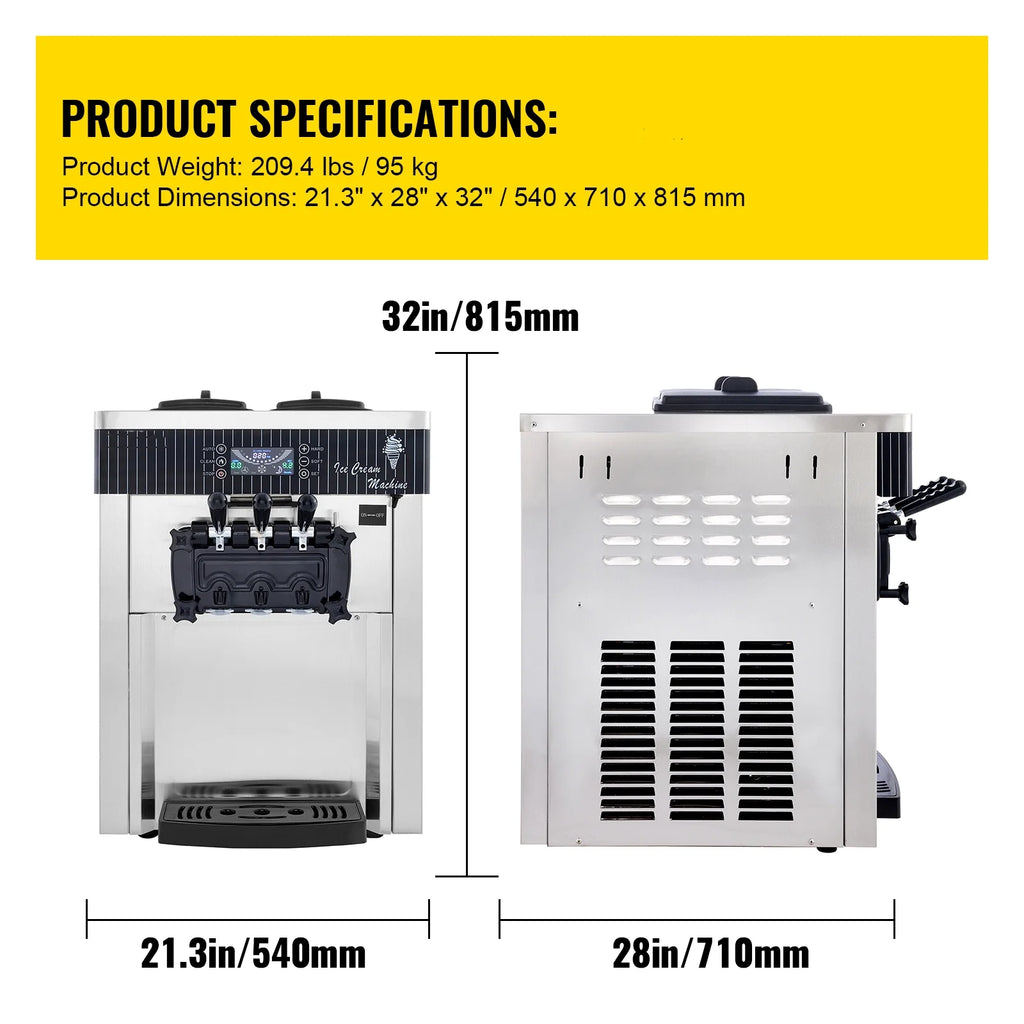 Commercial Ice Cream Machine 20-28L/H Soft Serve 3 Flavors 2200W Silver I718