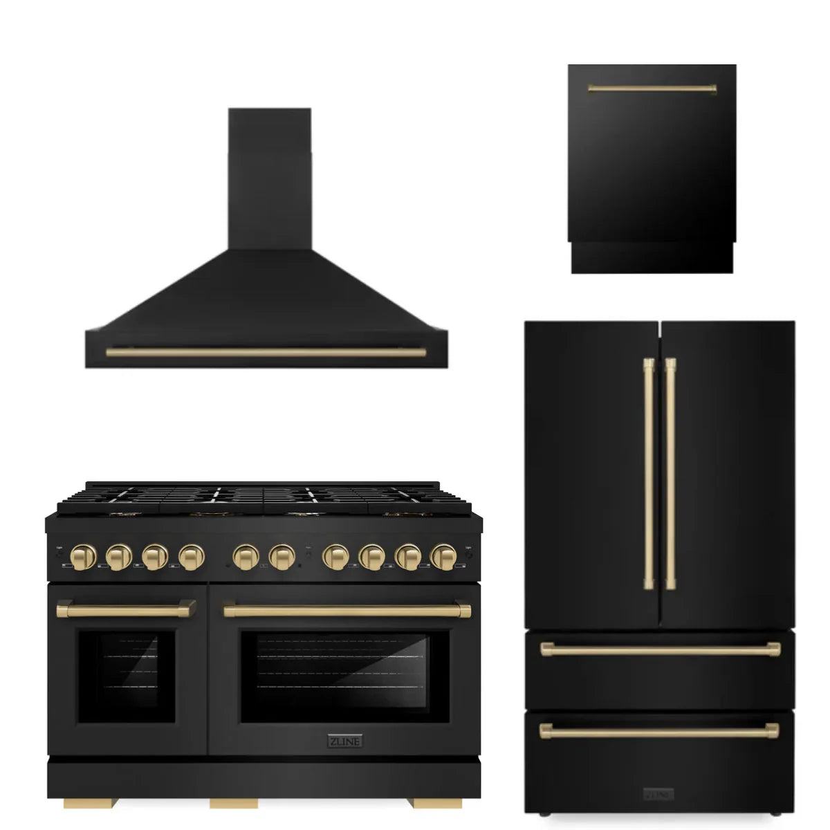 48 Gas Range, Range Hood, Refrigerator, Dishwasher in Black Stainless Steel I913441