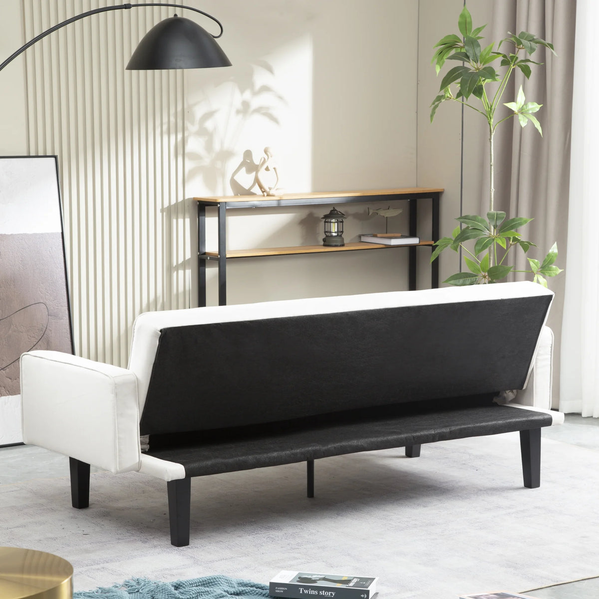 Linen Futon Sofa Bed with Solid Wood Legs S9652