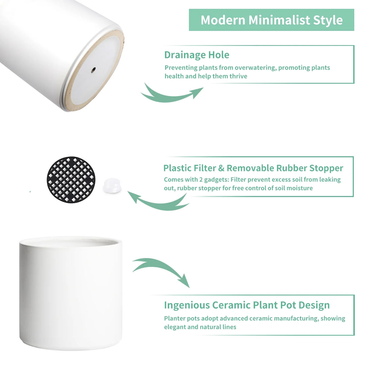 Ceramic Plant Pots with Drainage Hole (White) U23748
