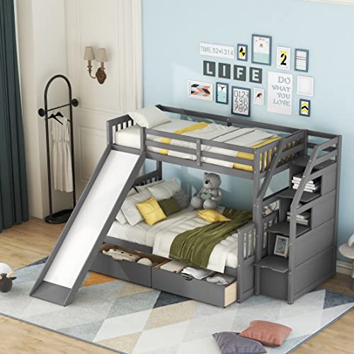 Grey Wood Twin Over Full Bunk Bed with Slides and Drawers L85917