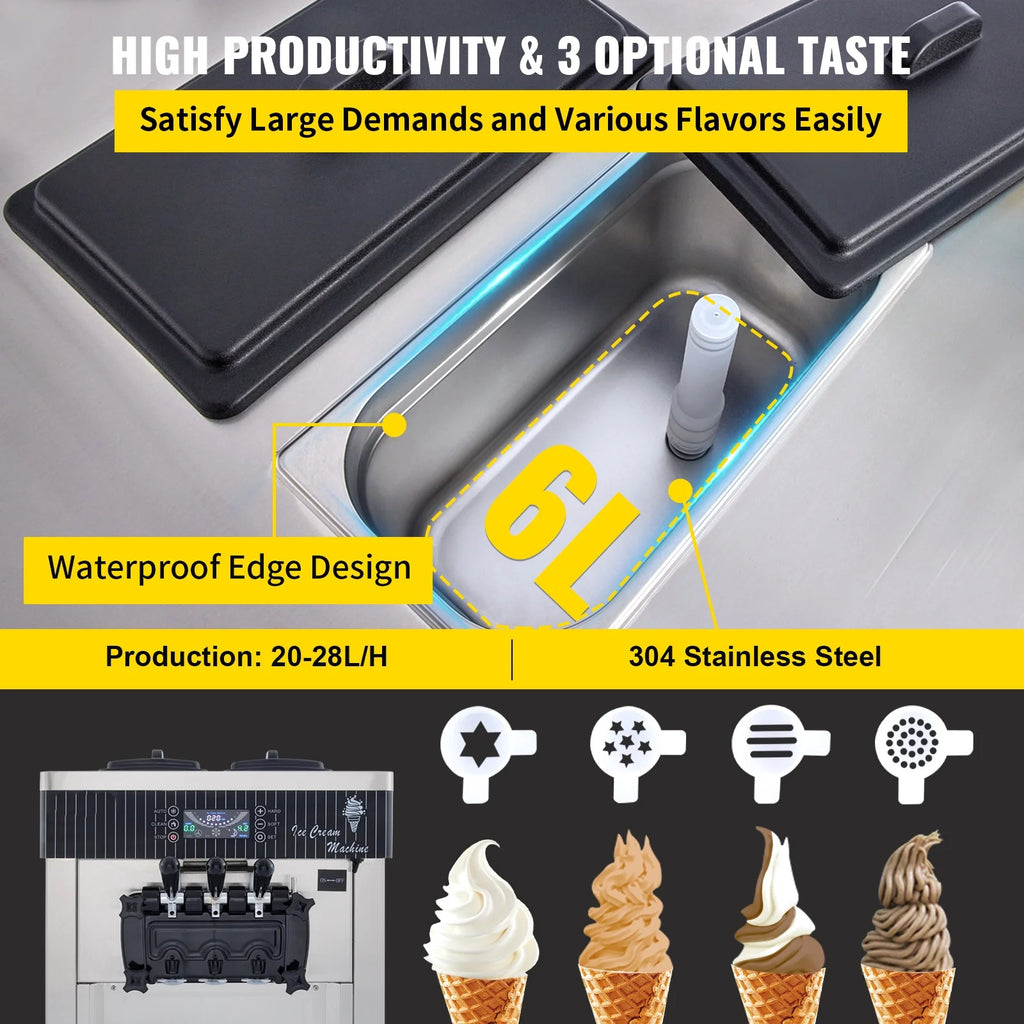 Commercial Ice Cream Machine 20-28L/H Soft Serve 3 Flavors 2200W Silver I718