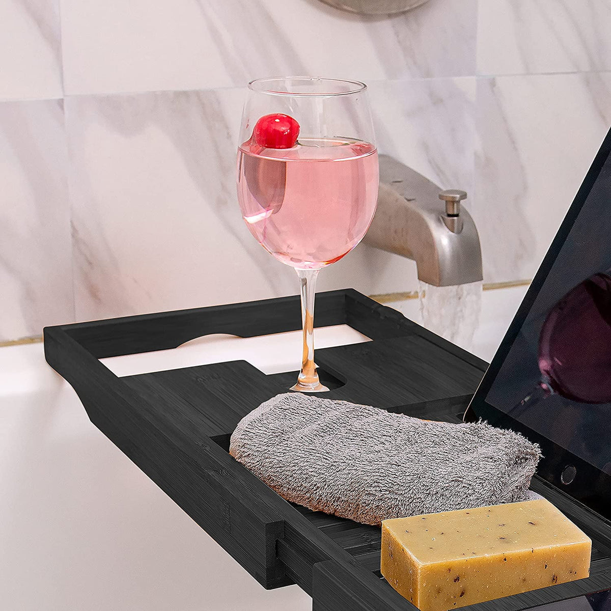 Bamboo Bathtub Tray Expandable Bathtub Caddy with Reading Rack Tablet Holder Wine Glass Holder (Black) K47195