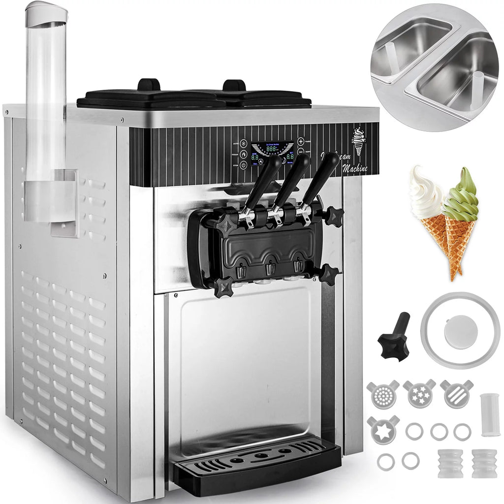 Commercial Ice Cream Machine 20-28L/H Soft Serve 3 Flavors 2200W Silver I718