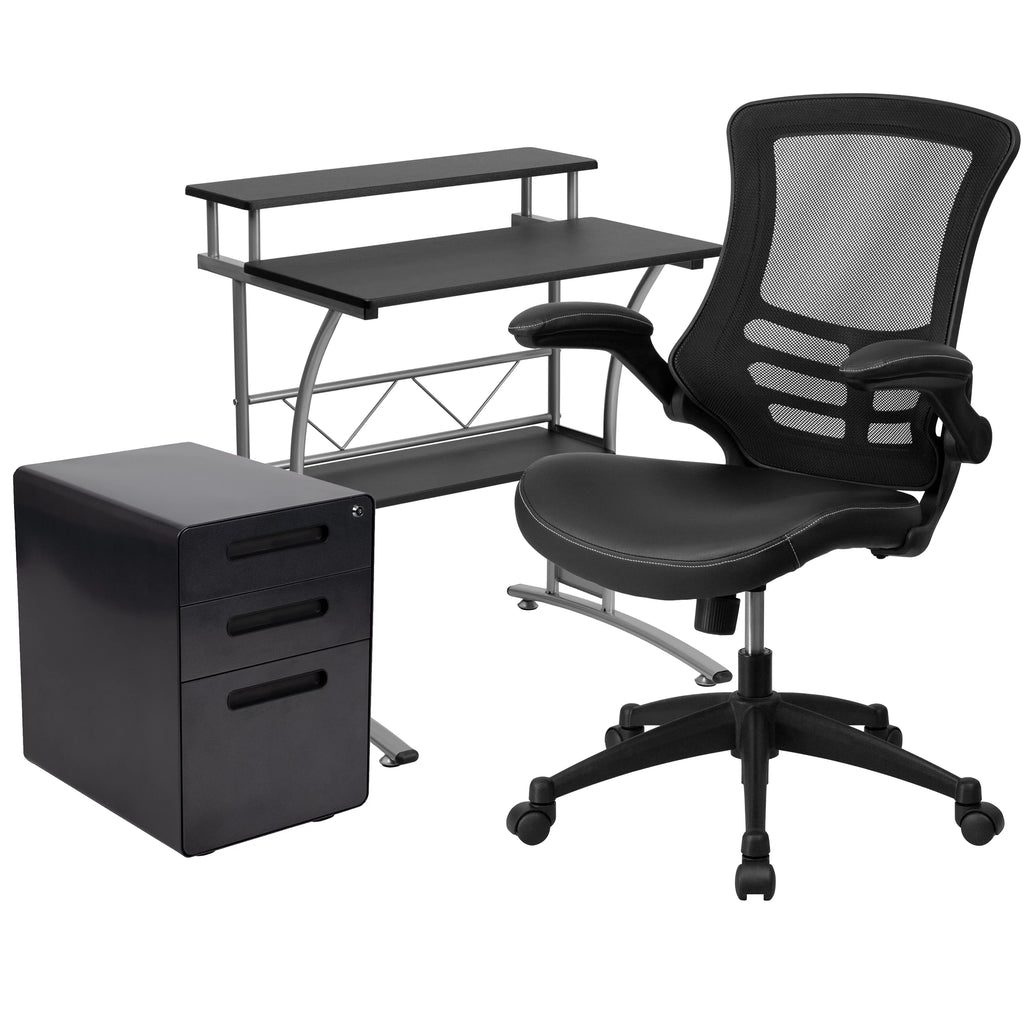 Black Computer Desk, Ergonomic Mesh Office Chair and Locking Mobile Filing Cabinet R441