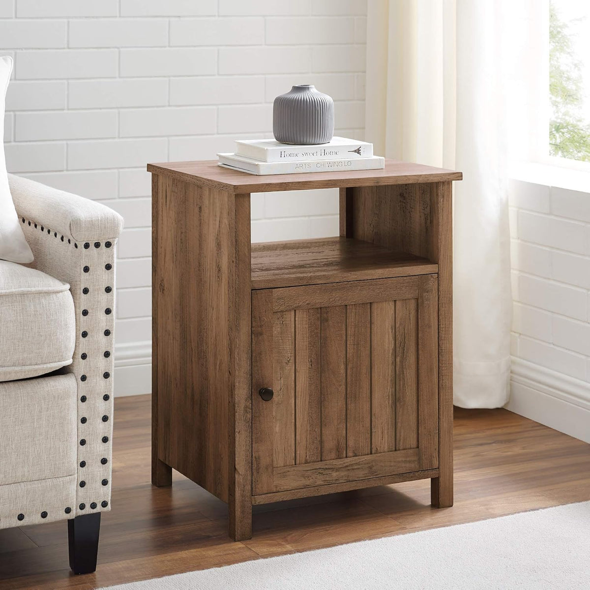 White Oak 18 Inch Wood Side Accent Table with Cabinet Door O196993