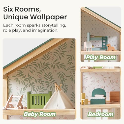 6 Rooms Wooden Dollhouse with 31Pcs Furniture Accessories Q473388