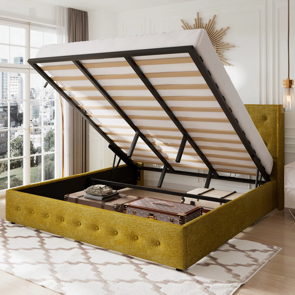 Queen Size Lift Up Platform Storage Bed Frame with Wingback Headboard Light Beige T97886
