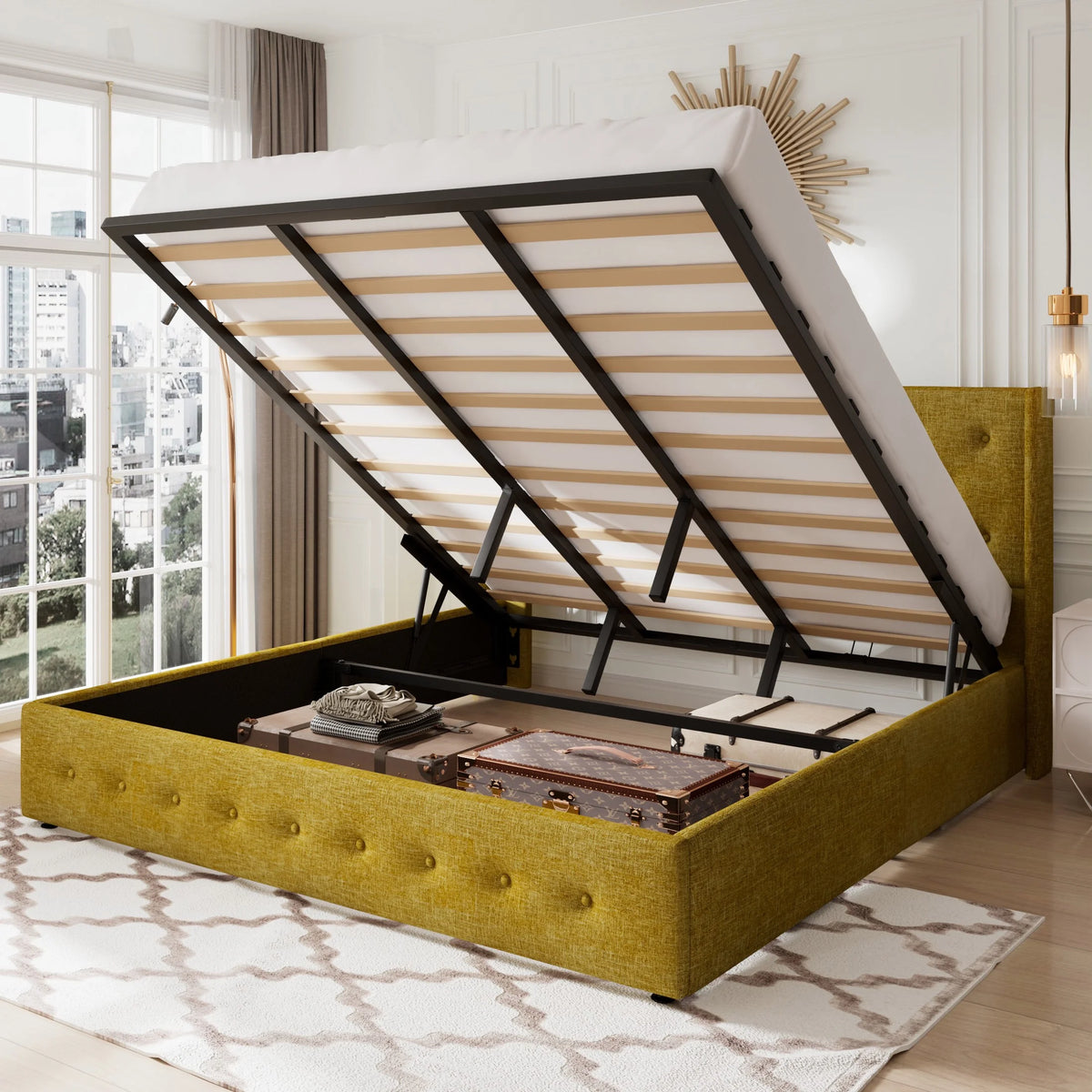 Queen Size Lift Up Platform Storage Bed Frame with Wingback Headboard Light Beige T97886