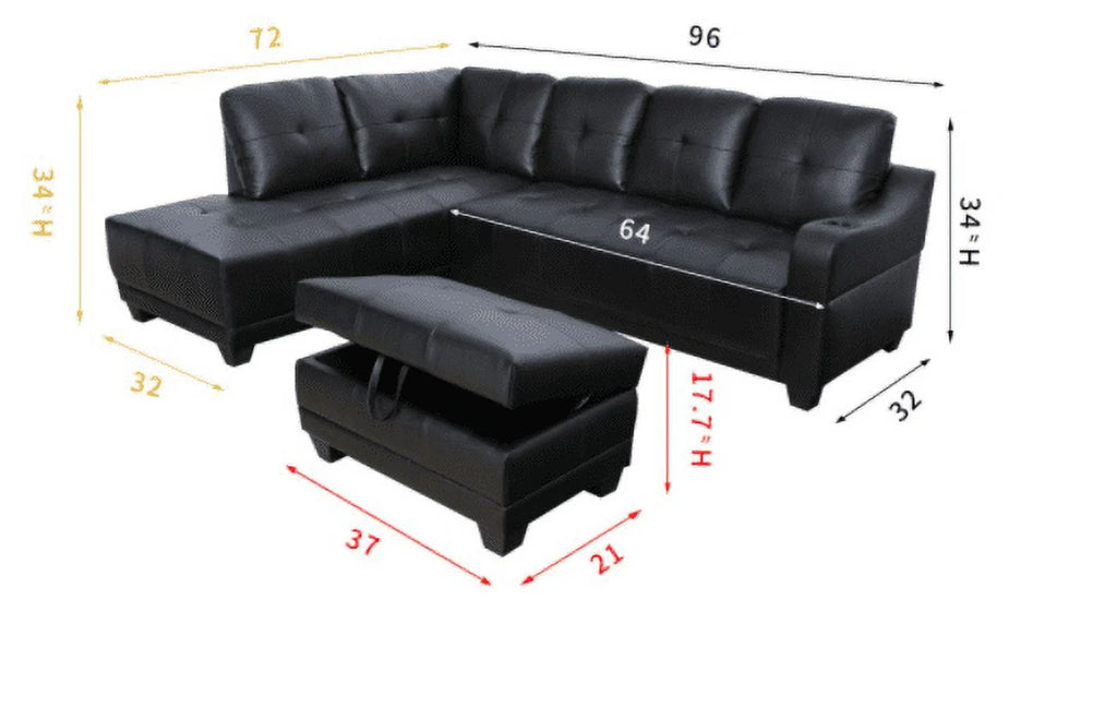 96" Wide Black Leather Left Hand Facing Sectional Sofa & Chaise with Ottoman Y403428