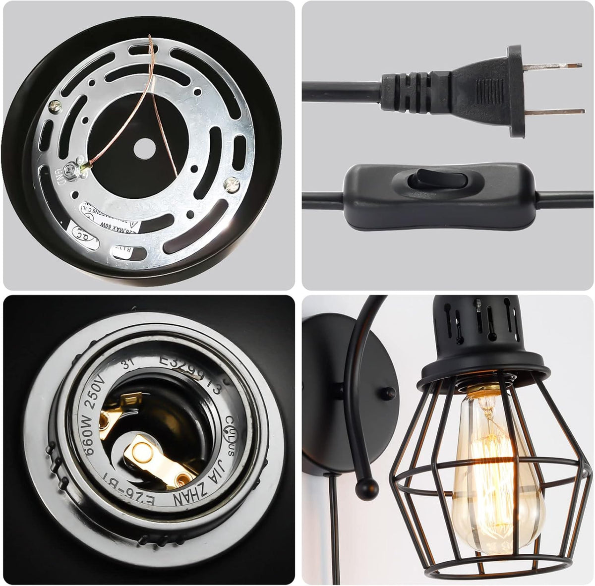 Black Industrial Vintage Cage Wall Light Fixture Set of 2 with On Off Switch Y3934