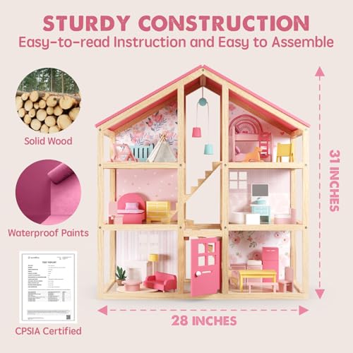 6 Rooms Wooden Dollhouse with 31Pcs Furniture Accessories Q473388