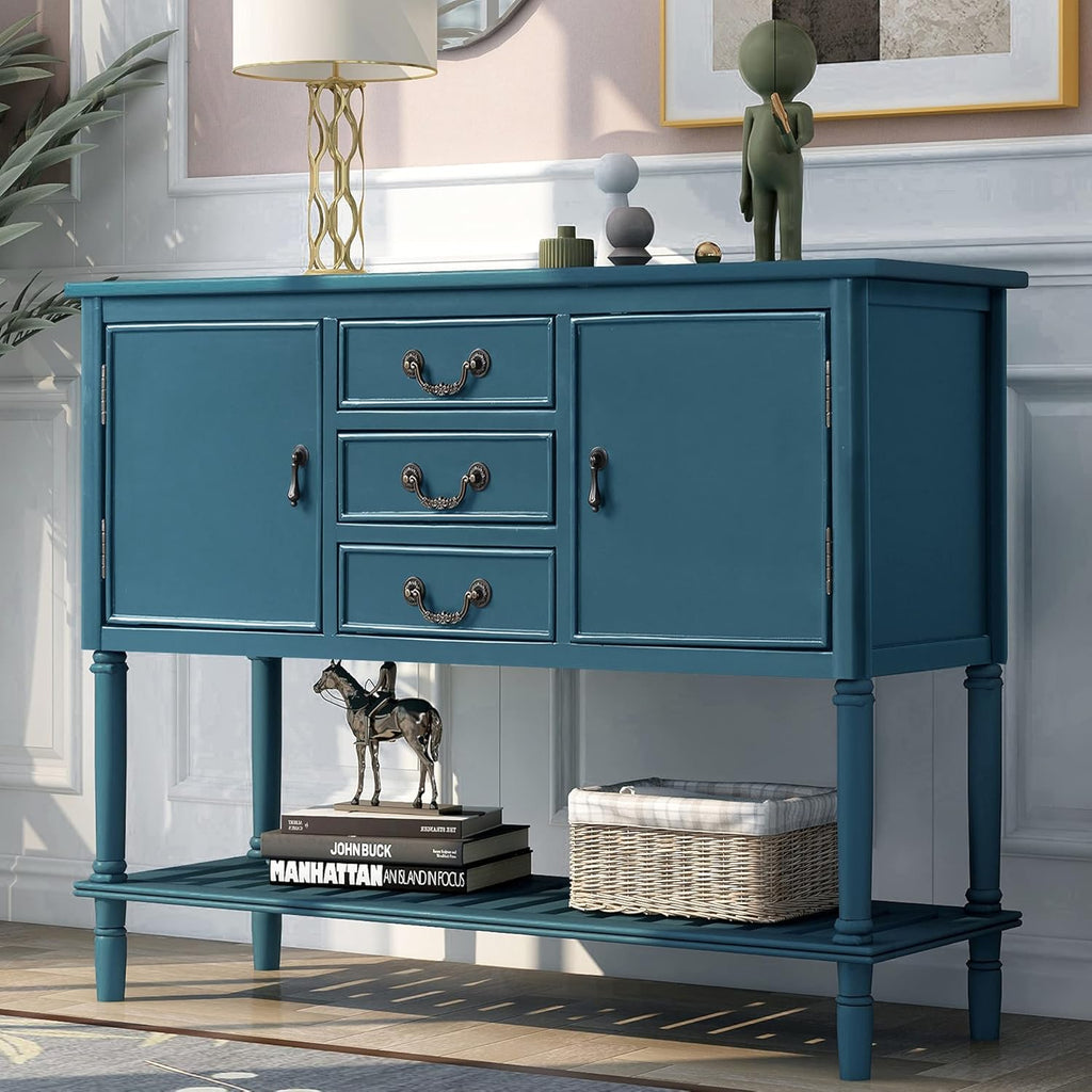 Green Wood Console Sofa Table with Drawers and Open Shelf V98213