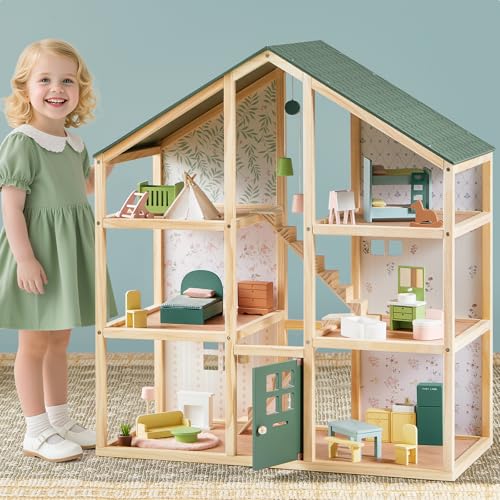6 Rooms Wooden Dollhouse with 31Pcs Furniture Accessories Q473388