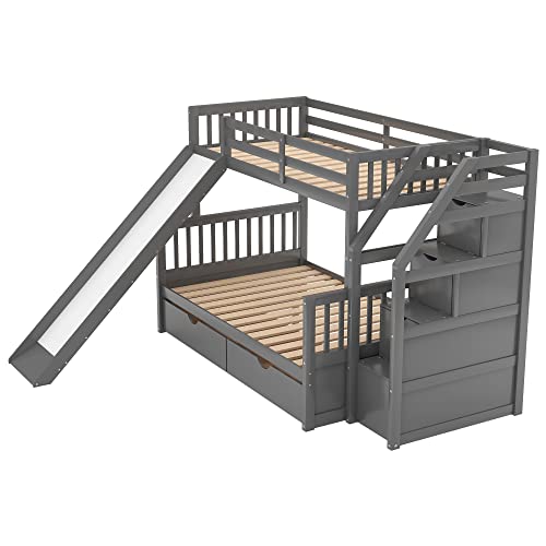 Grey Wood Twin Over Full Bunk Bed with Slides and Drawers L85917
