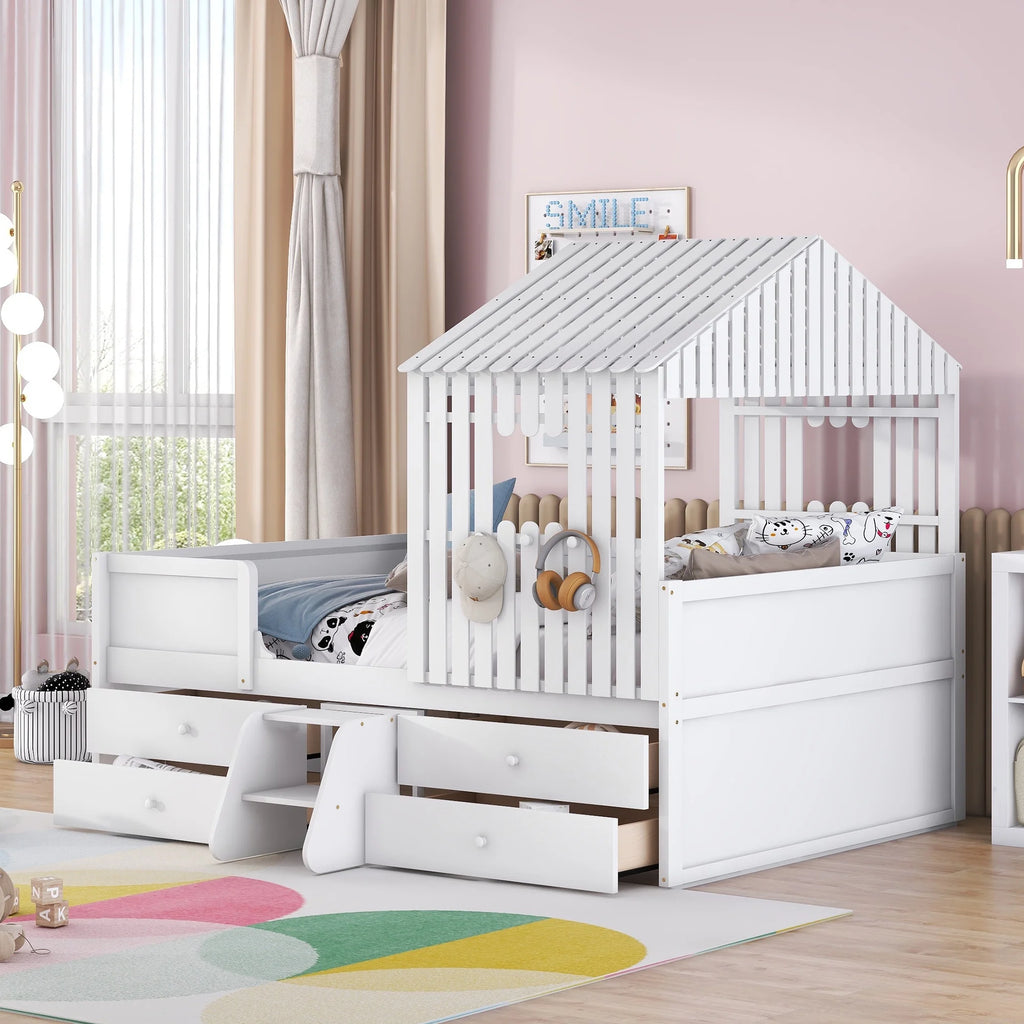 Full Size Low Loft Bed with Roof and Drawers, White K268