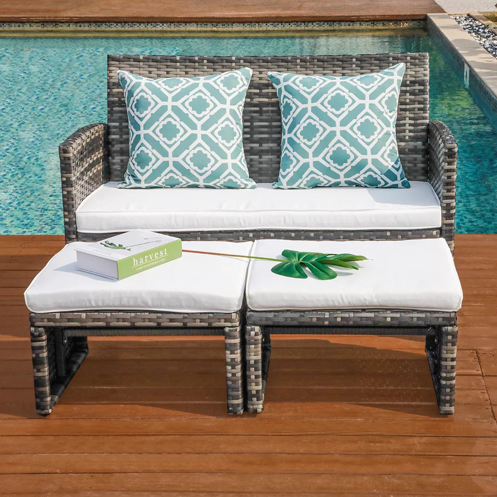 Wicker Rattan Loveseat Chairs with Ottomans J254740