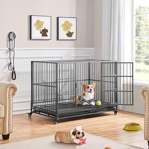 48'' XXL Dog Crate with 2 Doors Lockable Wheels T605