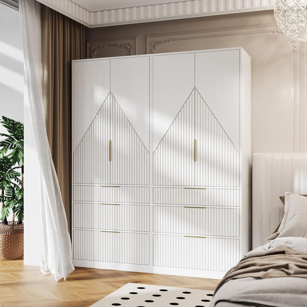 White Freestanding Wooden Wardrobe Armoire with 2 Doors and 3 Drawer A757