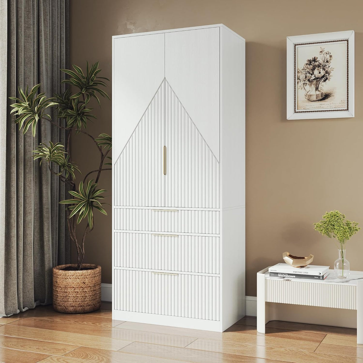 White Freestanding Wooden Wardrobe Armoire with 2 Doors and 3 Drawer A757