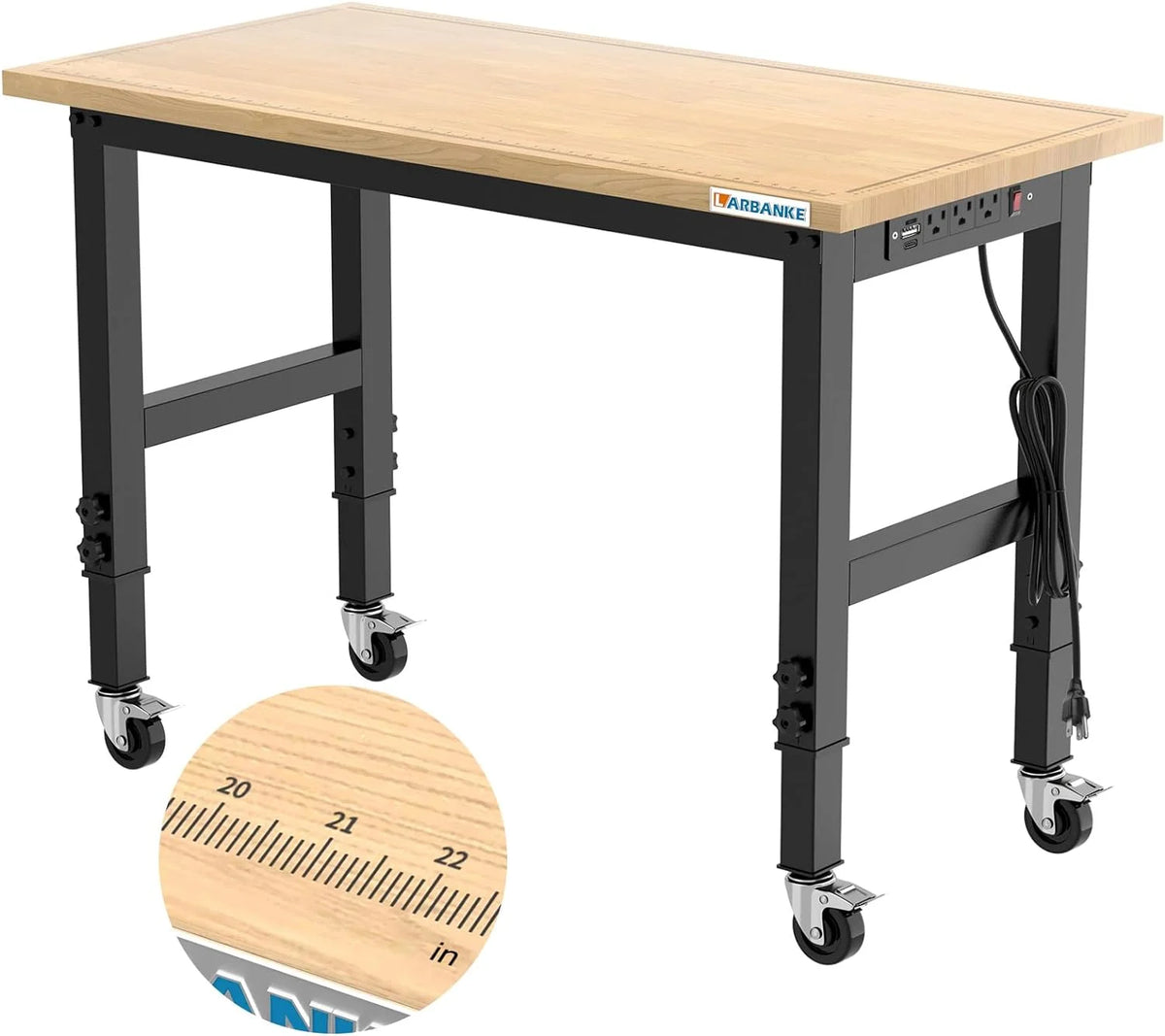 48" Heavy-Duty Rubber Wood Workbench with Brake Wheels D3726