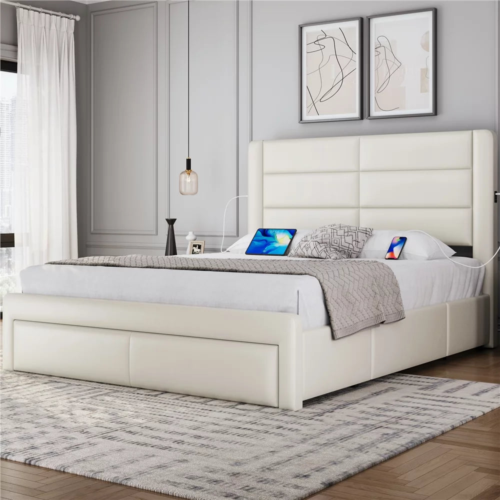 Beige Upholstered Platform Full Bed with 3 Storage Drawers and USB Ports B919