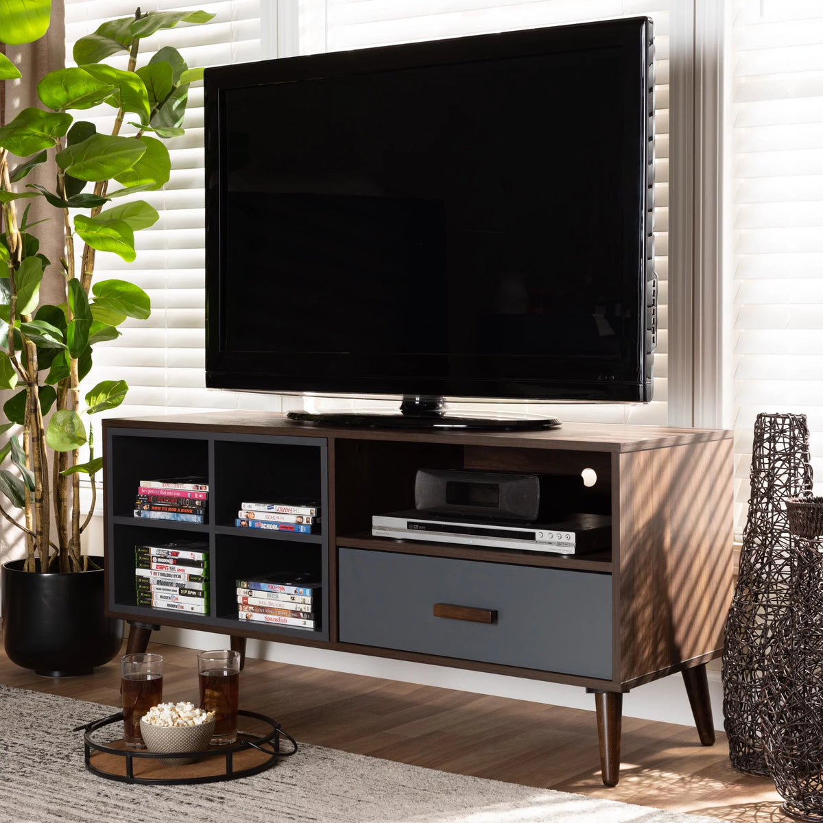 Two-Tone Grey and Walnut Brown Wood 1-Drawer TV Stand D99106