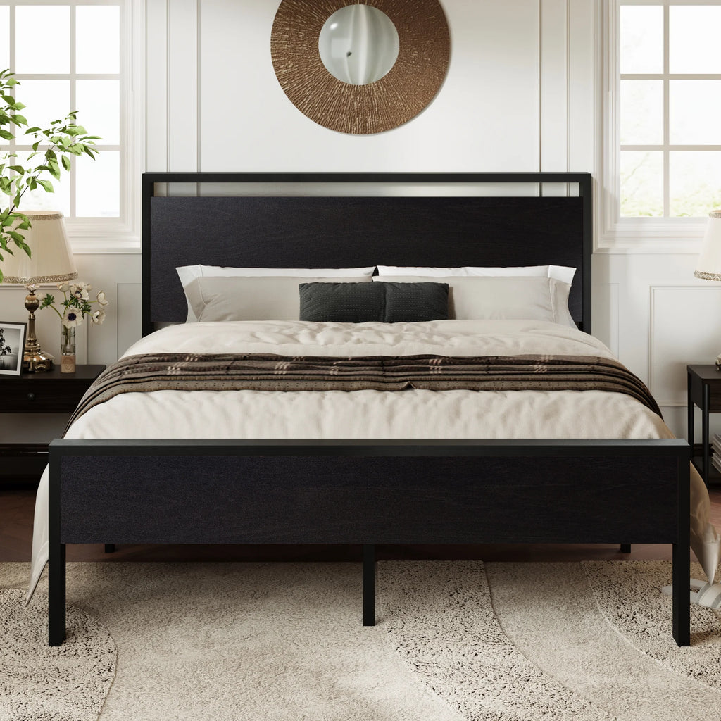 Walnut King Size Platform Bed Frame with Wood Headboard E926220
