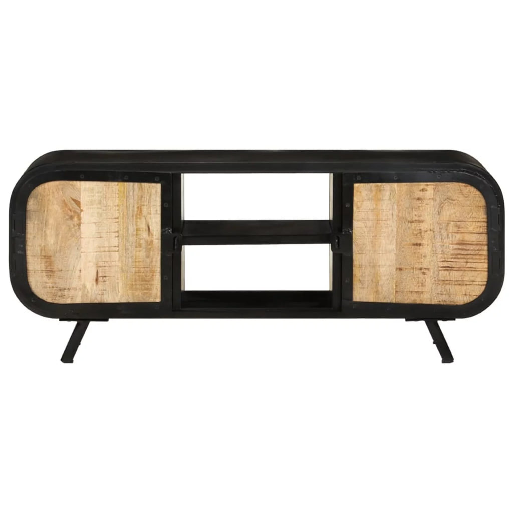 TV Stand with 2 Compartments and 2 Storage Shelves Rough Mango Wood Iron Legs S54827