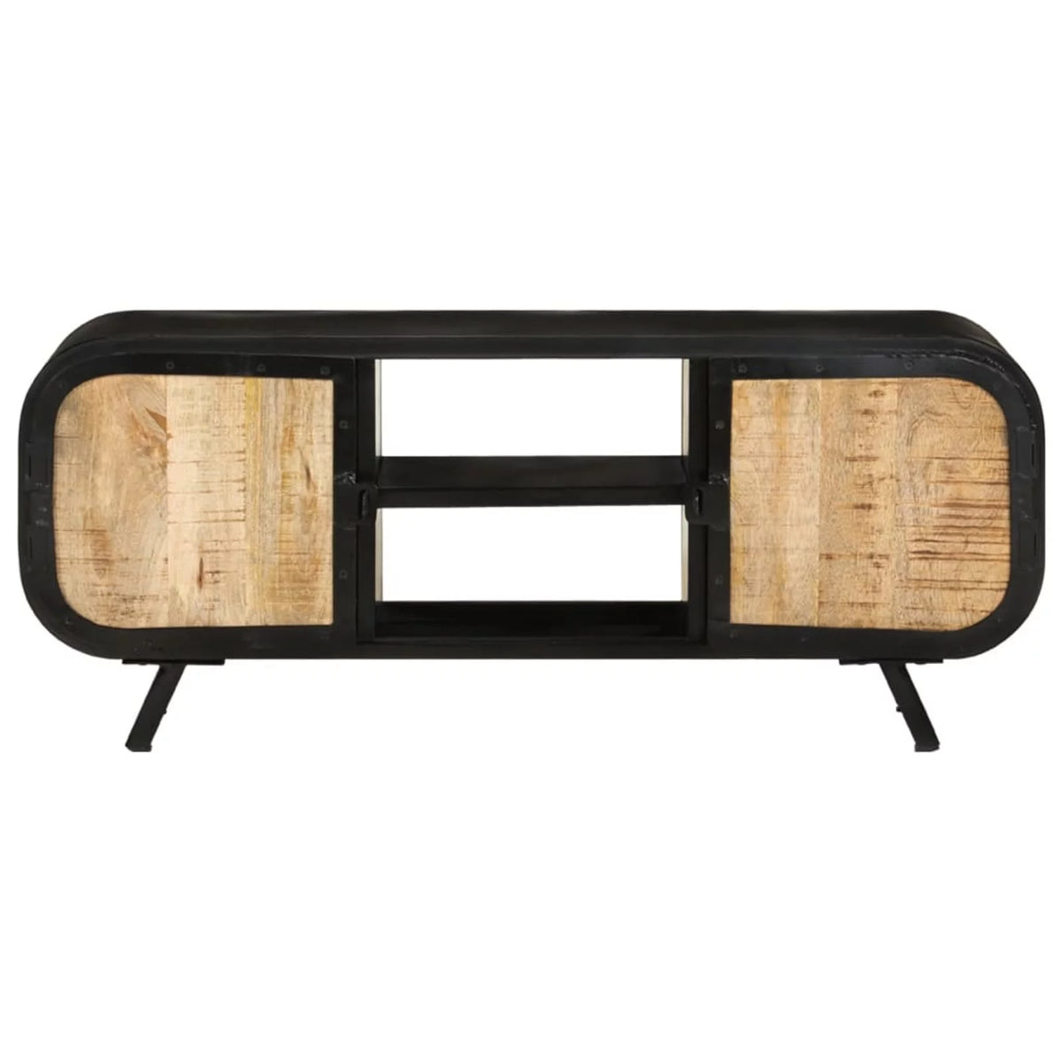 TV Stand with 2 Compartments and 2 Storage Shelves Rough Mango Wood Iron Legs S54827